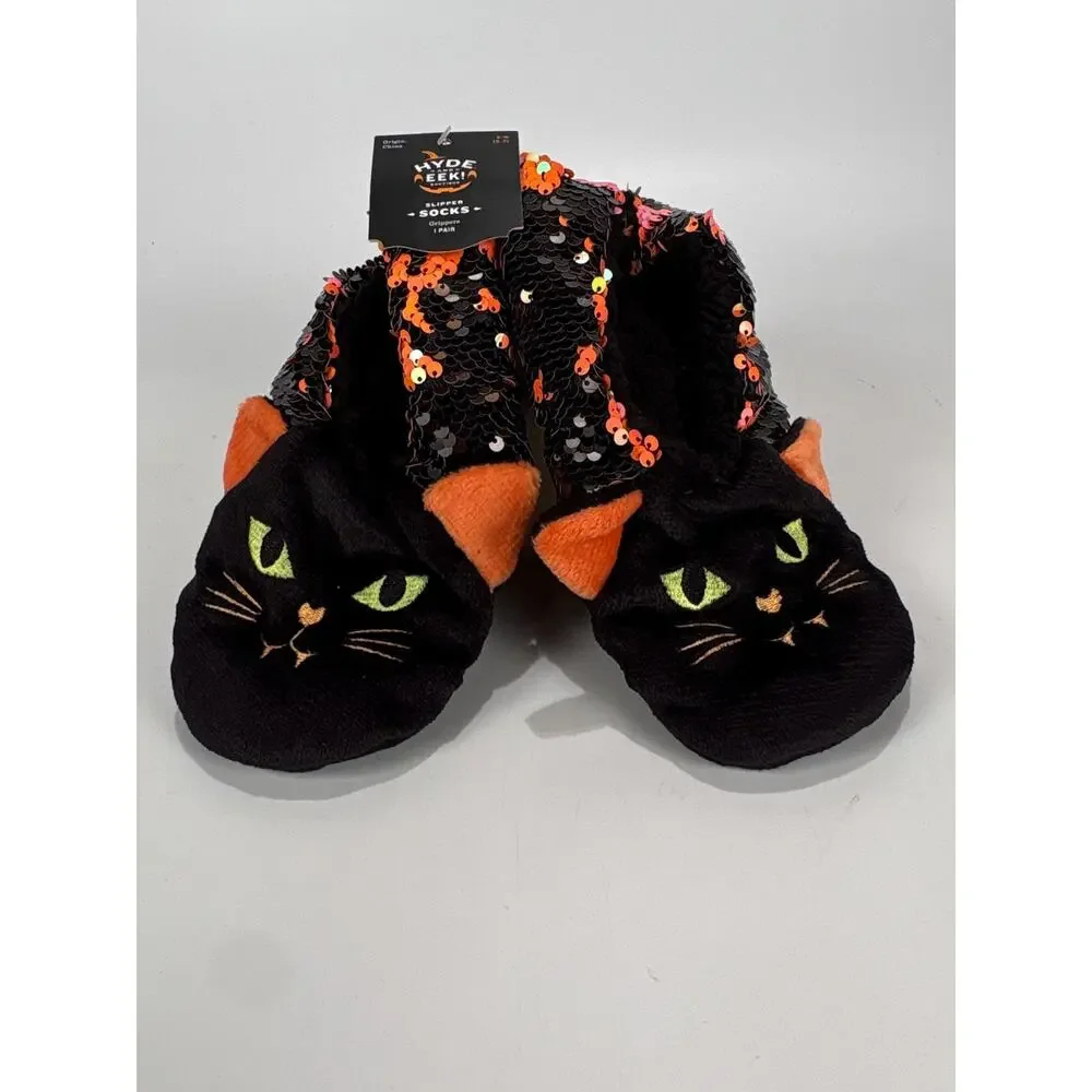 NWT Halloween Cat Slippers Gripers Pumpkin AD S/M 5-7 Kitty Socks CH 5 6 7